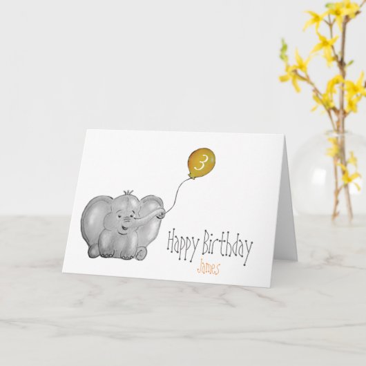 3番目または任意の誕生日エレファントイエローバルーンカード カード (黄色い花)