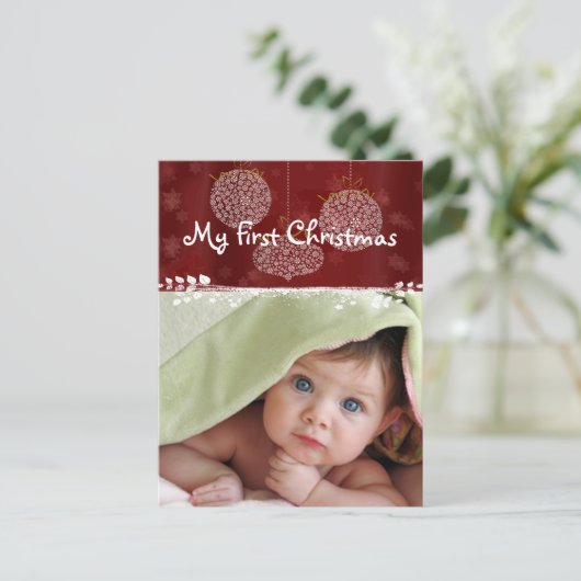 3白オーナメント初めてのクリスマスフォトポストカード シーズンポストカード (スタンド正面)