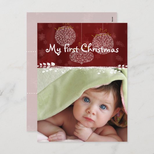 3白オーナメント初めてのクリスマスフォトポストカード シーズンポストカード (正面/裏面)