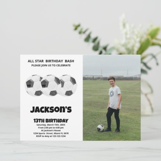 3白黒サッカー誕生日招待状w写真 招待状 (スタンド正面)