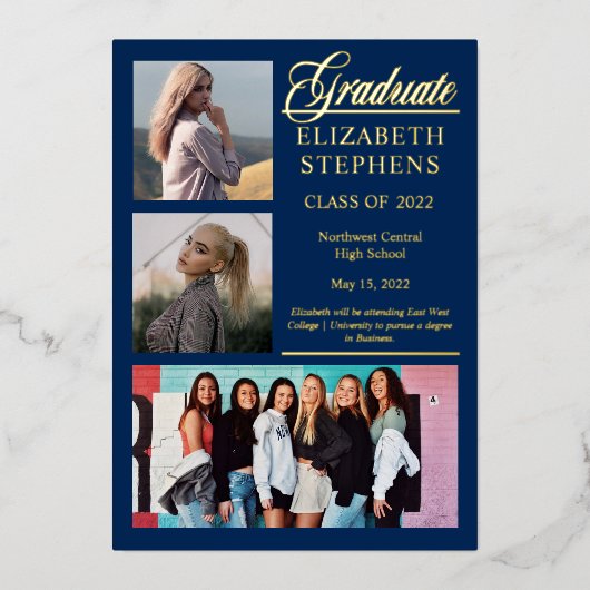 3種エレガント目の写真大学院卒業ブルー 箔招待状 (正面)