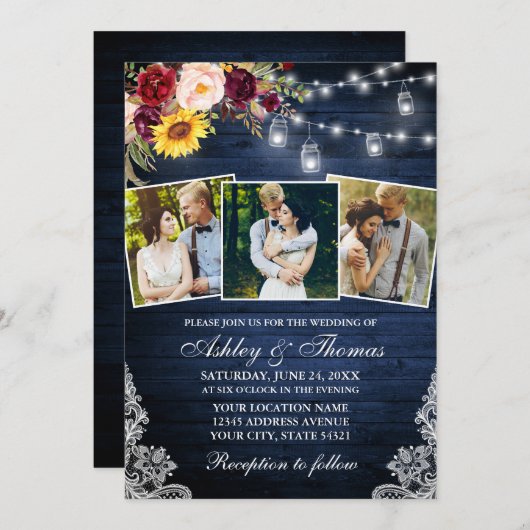 3素朴つのフォトジャーのライト混合フローラ結婚の 招待状 (正面/裏面)