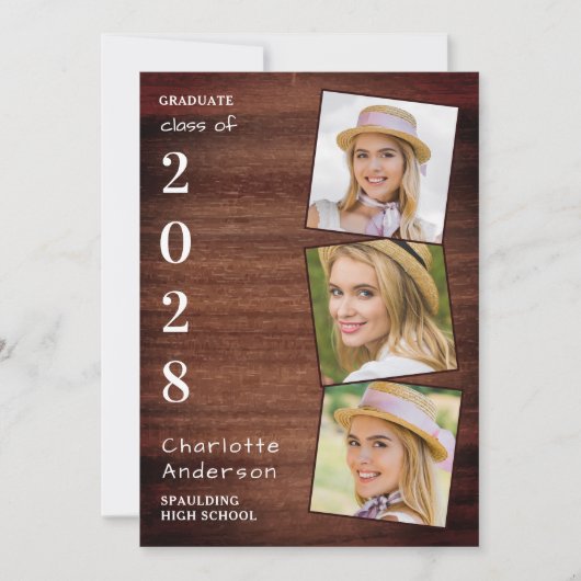 3素朴フォトコラージュ国の木材卒業 招待状 (正面)