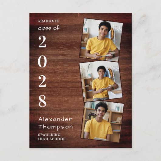 3素朴フォトコラージュ郡の木材卒業 インビテーションポストカード (正面)