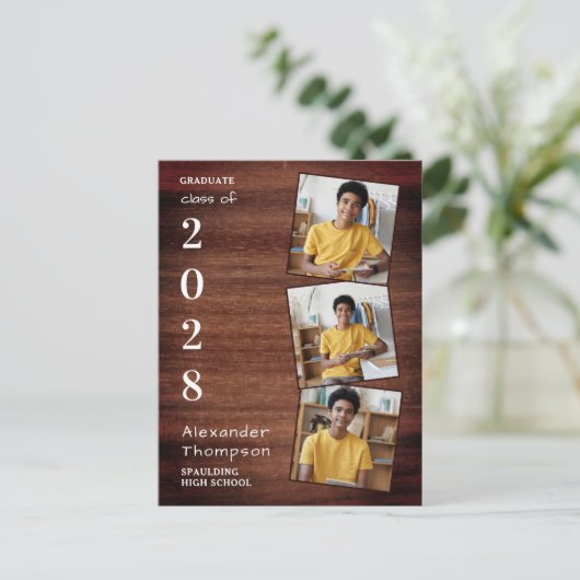 3素朴フォトコラージュ郡の木材卒業 インビテーションポストカード (スタンド正面)