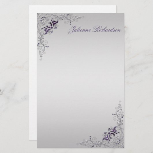 #3紫華美銀フローラ渦巻き文房具 便箋 (正面/裏面)