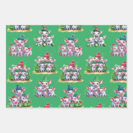 3組み合わせかわいい豚クリスマスギフトラップのセット ラッピングペーパーシート