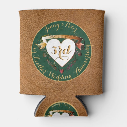 3結婚周年記念レザー(画像クール) 缶クーラー (正面)