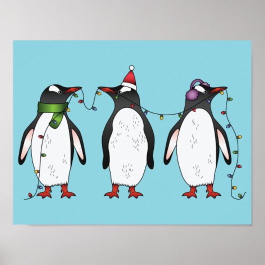 3羽のクリスマスペンギンのイラスト ポスター (正面)