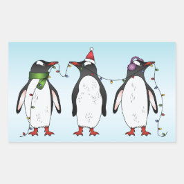 3羽のクリスマスペンギンのイラスト 長方形シール