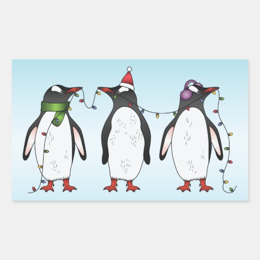 3羽のクリスマスペンギンのイラスト 長方形シール (正面)