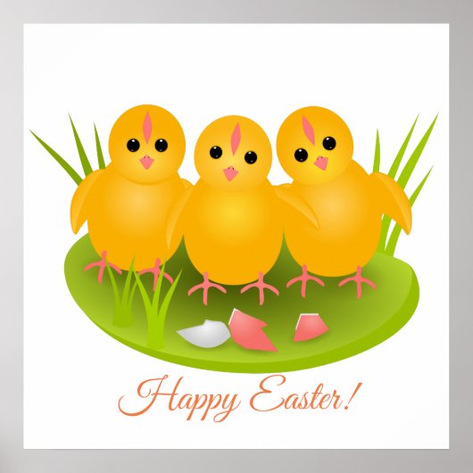 3羽のハッピーイースター黄色い鶏 ポスター (正面)