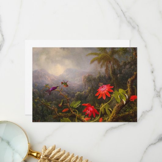 3羽のハミングバードを持つパッションフラワー サンキューカード (正面/裏面インサイチュ)