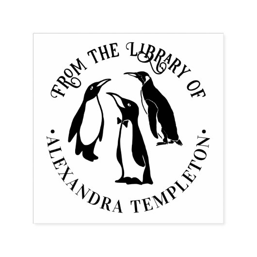 3羽のペンギンのシルエット「〜の図書館から」名前 セルフインキングスタンプ (デザイン)