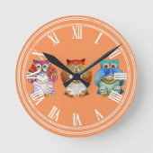 3羽の賢いフクロウ ラウンド壁時計 (正面)