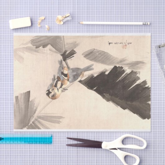 3羽の鳥が枝上に位置する渡辺聖亭デクページ 薄葉紙 (クラフト)