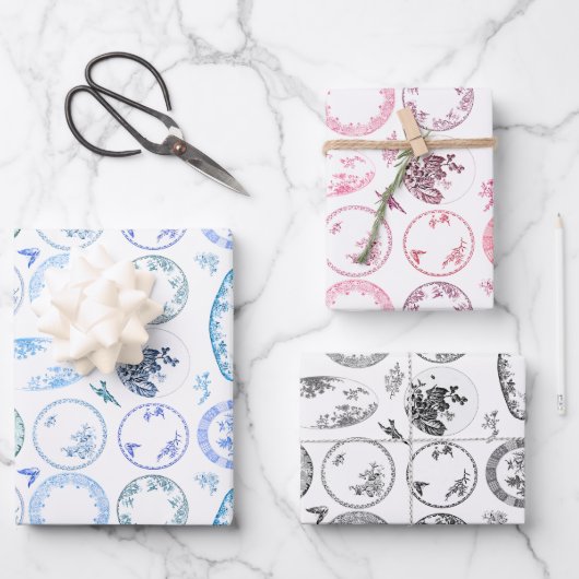 3色のセット |アンティークフランスのプレートシート ラッピングペーパーシート (正面)