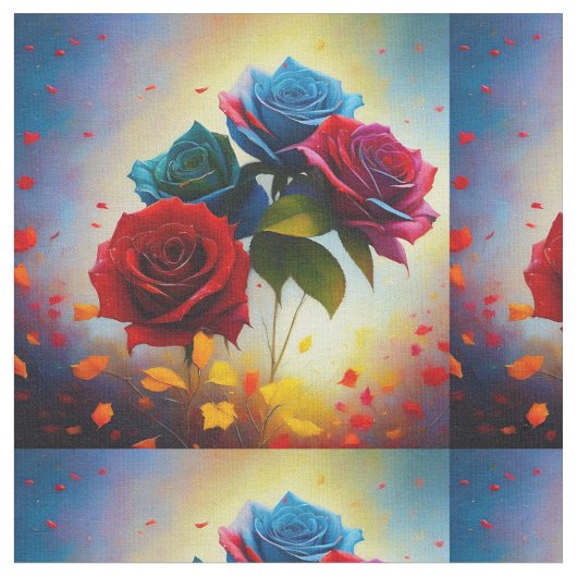 3色のバラの花束の生地 ファブリック (クローズアップ)