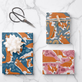 3色のペムブレークウェルシュコーギーラッピング紙 ラッピングペーパーシート