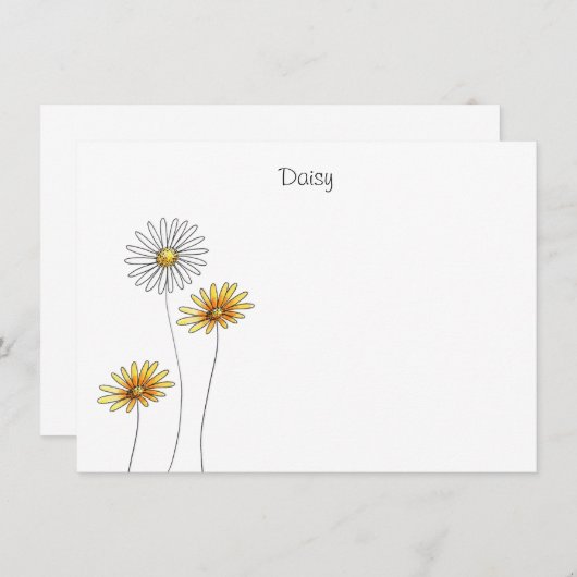 3色の水彩、ペンおよびインクデイジーステム ノートカード (正面/裏面)