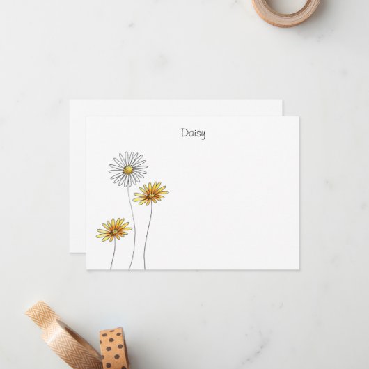 3色の水彩、ペンおよびインクデイジーステム ノートカード (正面/裏面インサイチュ)