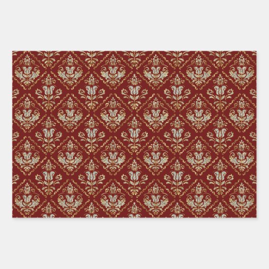 3色の背景に花のダマスク ラッピングペーパーシート (正面)