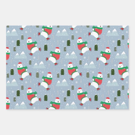 3色の青いクリスマスパターンを描いたかわいいホッキョクグマ ラッピングペーパーシート (正面2)