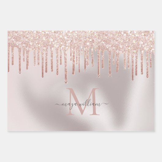 3色グリッタードリップスパーソナライズされたモノグラム名 ラッピングペーパーシート (正面2)