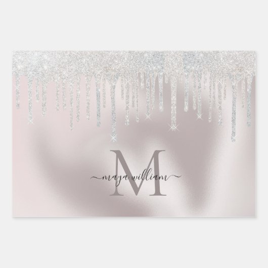 3色グリッタードリップスパーソナライズされたモノグラム名 ラッピングペーパーシート (正面)