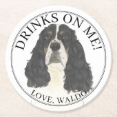 3色パーソナライズされたイングリッシュスリンガースパニエル犬 ラウンドペーパーコースター (正面)