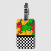 3色ファンキー唐辛子とチェッカーボード ラゲッジタグ (正面縦)