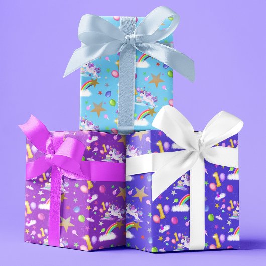 3色1歳の誕生日ユニコーンパターン ラッピングペーパーシート