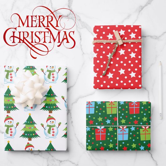 3調整クリスマスツリー雪だるま星 ラッピングペーパーシート