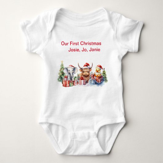 3赤パーソナライズされたん坊の動物「私たちの初めてのクリスマス」 ベビーボディスーツ (正面)