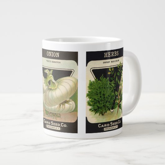 3違うヴィンテージシードパケットラベルデザイン ジャンボコーヒーマグカップ (正面右)