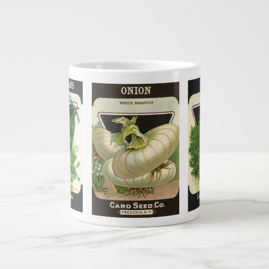 3違うヴィンテージシードパケットラベルデザイン ジャンボコーヒーマグカップ (正面)