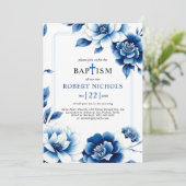 3重バプテスマを持つ青いフローラ縁どのChinoiserie 招待状 (スタンド正面)