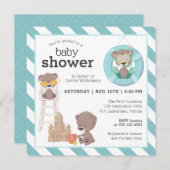 3頭のクマがビーチの赤ちゃんシャワーで男の子を 招待状 (正面/裏面)