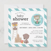 3頭のクマがビーチの赤ちゃんシャワーで男の子を 招待状 (正面)