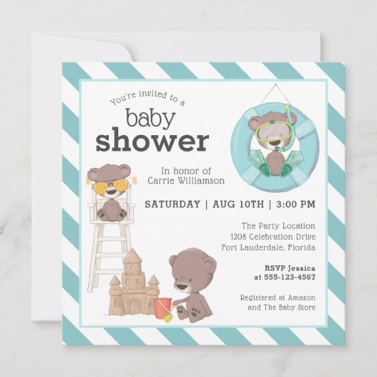 3頭のクマがビーチの赤ちゃんシャワーで男の子を 招待状 (正面)