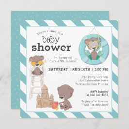 3頭のクマがビーチの赤ちゃんシャワーで男の子を 招待状