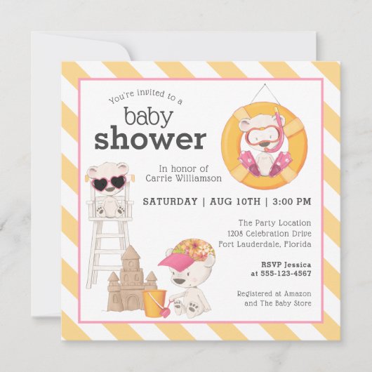 3頭のクマが女の子のビーチの赤ちゃんシャワーで 招待状 (正面)