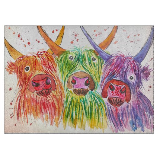 3頭の予測できなくカラフルな高地牛 カッティングボード (正面)