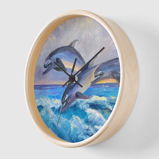 3頭の野生の遊イルカがティール(緑がかった色)水に 壁時計 (傾斜)