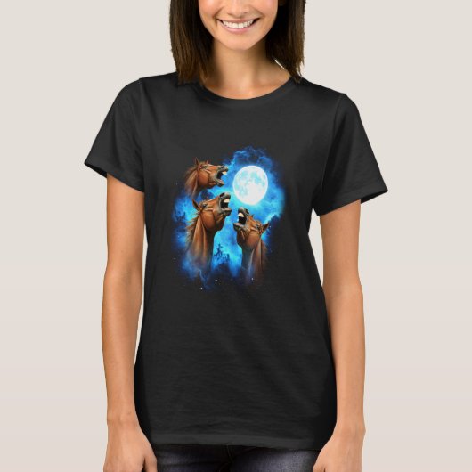 3頭の馬が月に吠えるカラフルブルー Tシャツ (正面)