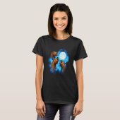 3頭の馬が月に吠えるカラフルブルー Tシャツ (正面フル)