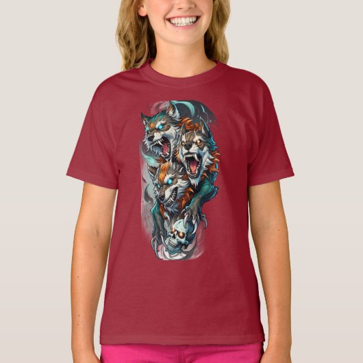 3頭ウルフの女の子Tシャツ – 神話の守護者 Tシャツ (正面)