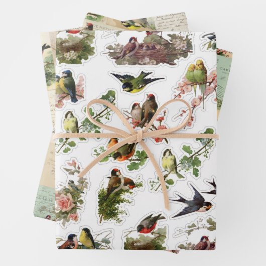 3鳥かわいらしコラージュEphemeraシート ラッピングペーパーシート (インサイチュ)