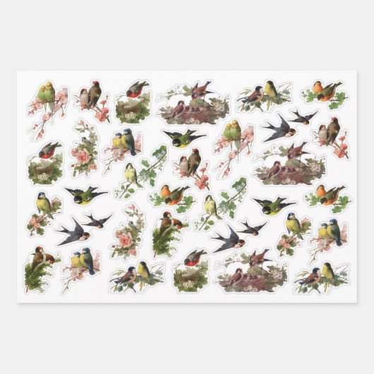 3鳥かわいらしコラージュEphemeraシート ラッピングペーパーシート (正面)