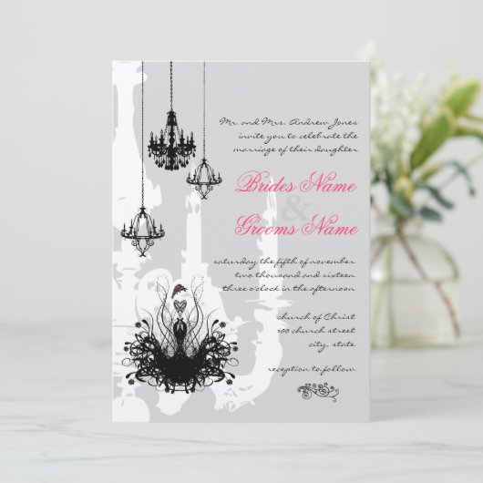 3黒シャンデリアピンクのアクセント結婚式招待状 招待状 (スタンド正面)